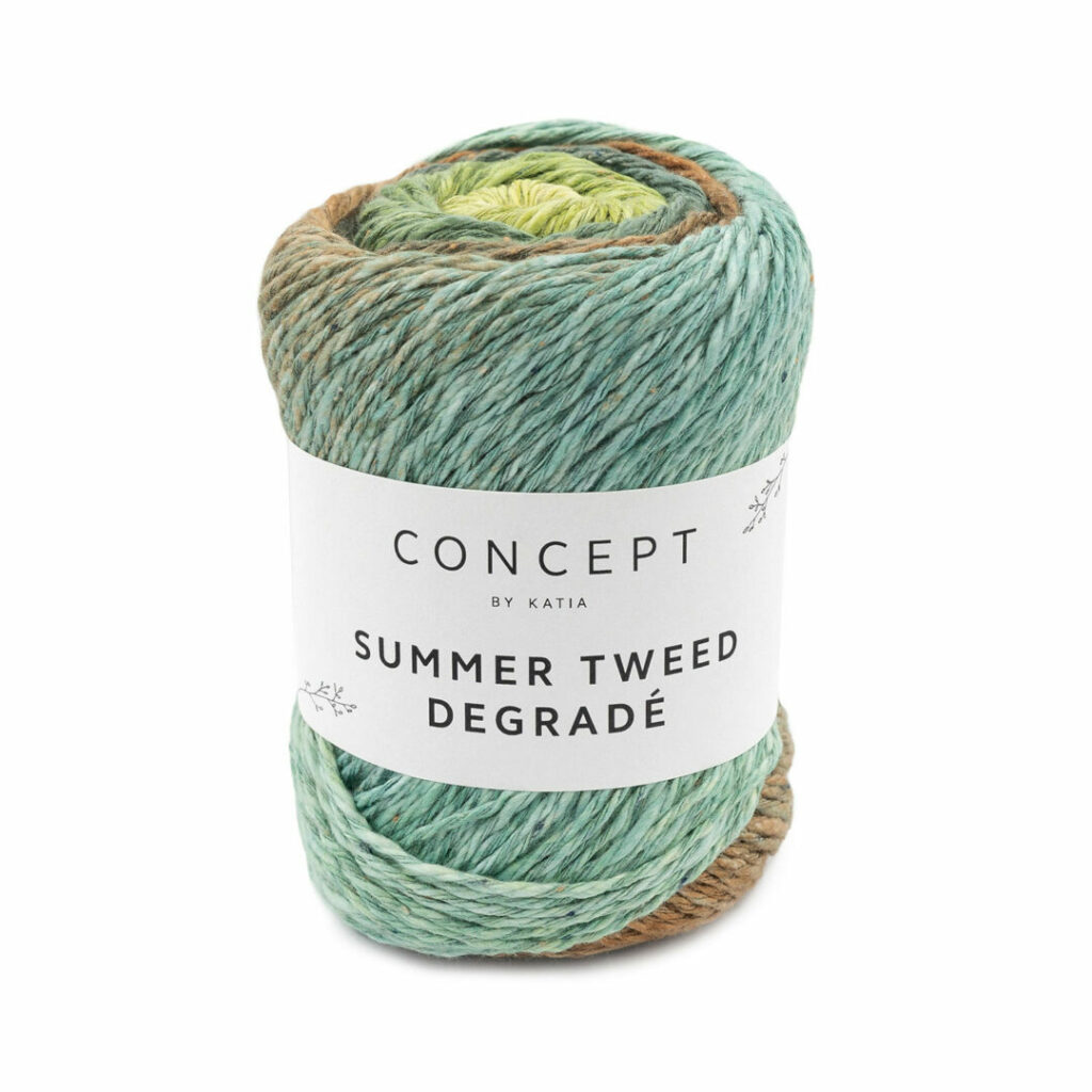Katia Summer Tweed Degradé: Gomitolo Di Cotone (80%) E Canapa (18%) Sfumato, 100g/185m. Spessore 4-4,5 Mm. Colore 104 Verde Limone Cammello. Lavabile In Lavatrice.